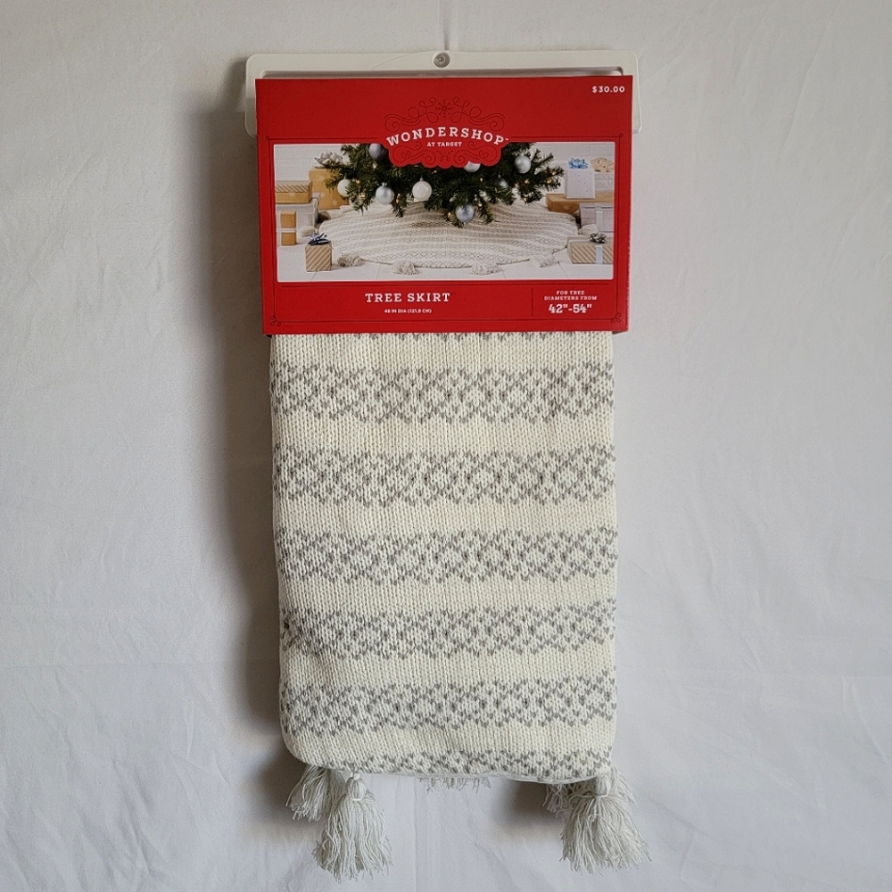 48" Fair Isle Knit Christmas Tree Skirt Tassels Gray Off White Wondershop